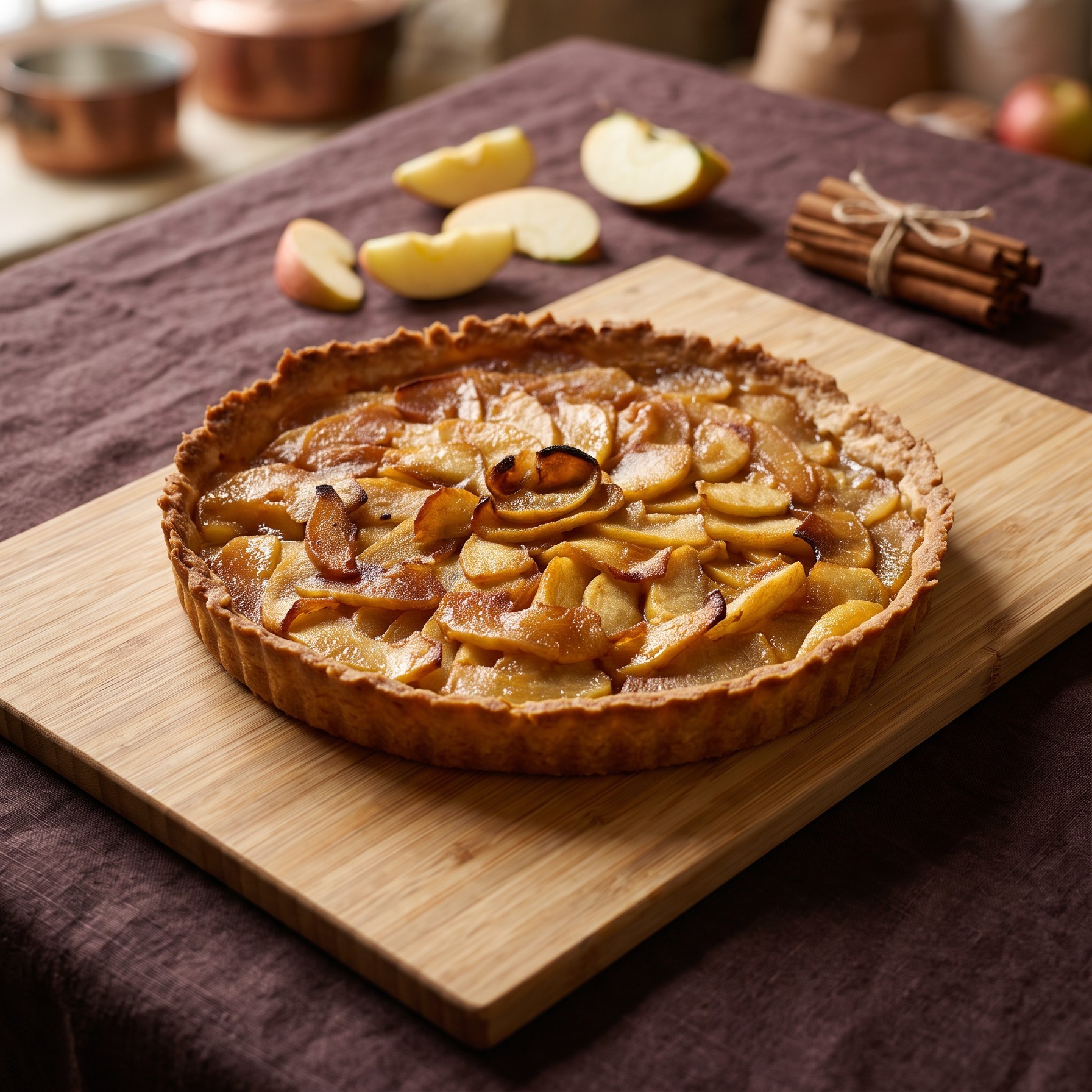 Rustic caramelized apple tart on a wooden board — Thanksgiving 10-inch fruit tart from Mama Rozi's Bakehouse in LaGrange, KY
